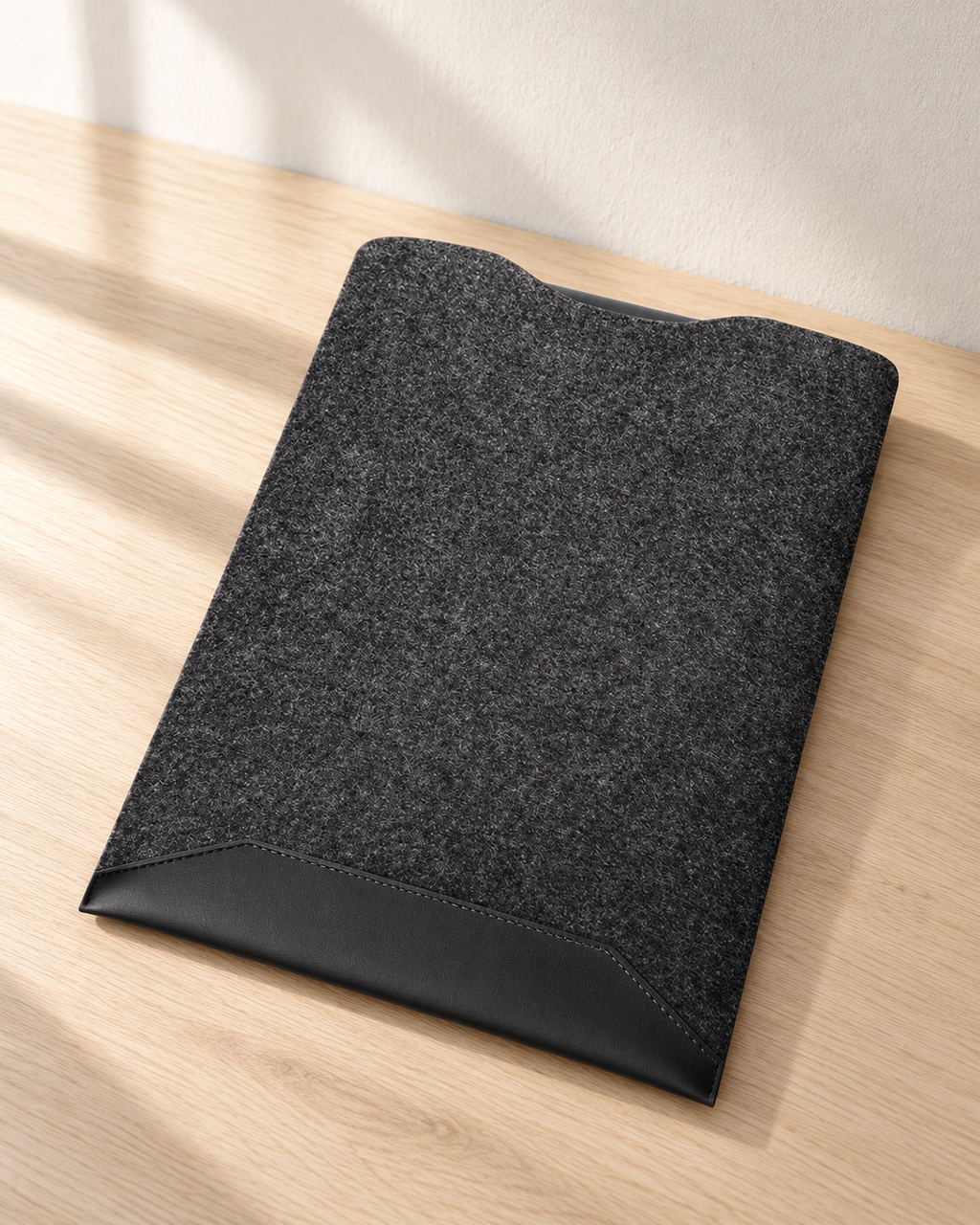 Black laptop sleeve on a pale oak desk