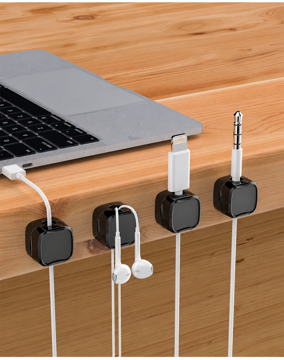 Black cable clips holding cables at the edge of a wooden desk